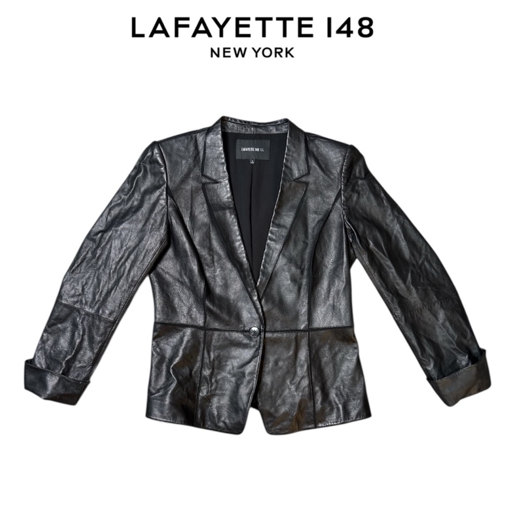 LAFAYETTE 148 BLACK NAPPA LEATHER PIECED BLAZER STYLE JACKET INTEGRATED LAPELS